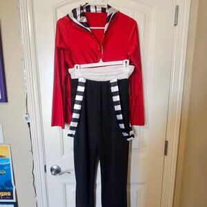 Red and black dance costume with silver top